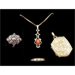 Gold coral pendant necklace, gold locket pendant, both 9ct, silver marcasite ring and a gold stone set eternity ring