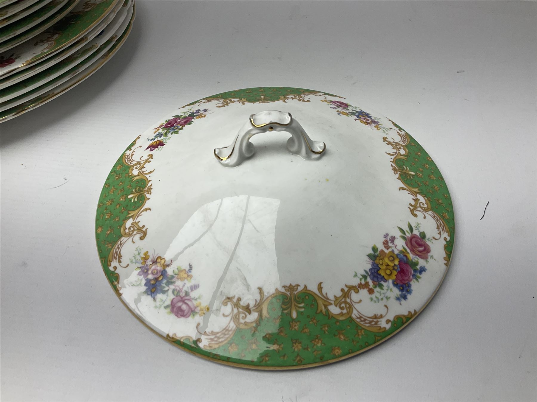 Paragon Rockingham pattern part tea and dinner service including three teapots, milk jug, cups and saucers of various sizes, ten soup bowls, ten side plates, ten dinner plates etc (96)