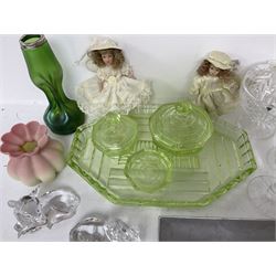 Uranium glass dressing table, bleikristall horse figures, dimple vase with silver collar, etc 