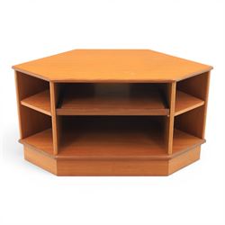 G-Plan - teak corner media unit, shaped top above a sliding central shelf above an open re...