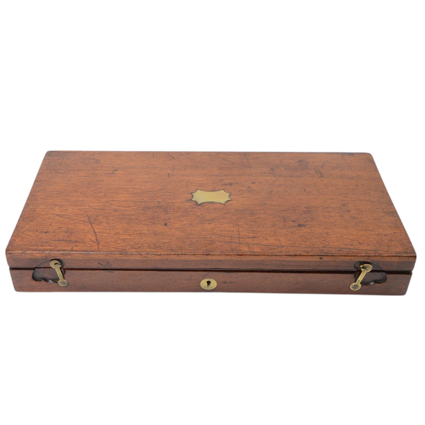 Pair of 19th century officer's duelling pistols, by William Chance & Son, with 25 bore sighted octagonal brown barrels, engraved London to the top, with gilt and platinum lines, foliate engraved tang, the back action lock plate signed and engraved with foliage, the walnut half stock, the trigger guard engraved with foliate and pineapple design, with ebony ramrods, in a brown velvet lined mahogany case, fitted with accessories including a copper pistol flask, a steel bullet mould, a tin of caps, lead balls, a cleaning rod with brass screw top