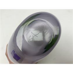 Stuart Akroyd glass vase, green banded top and opaque purple lower section with bubble inclusions, with sticker and engraved signature beneath, H25cm