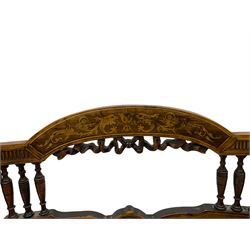 Edwardian inlaid rosewood salon suite, upholstered in red and gold fabric, comprising two seat sofa, pair of tub shaped armchairs, and four side chairs