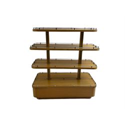 Early to mid-20th century Art Deco design oak shop display stand, fitted with four tiers, the middle two adjustable, with chrome gallery 