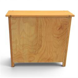 Contemporary Oak cabinet, rectangular top with tenon detailing, two open recess shelves, above a single drawer with blackened metal handles