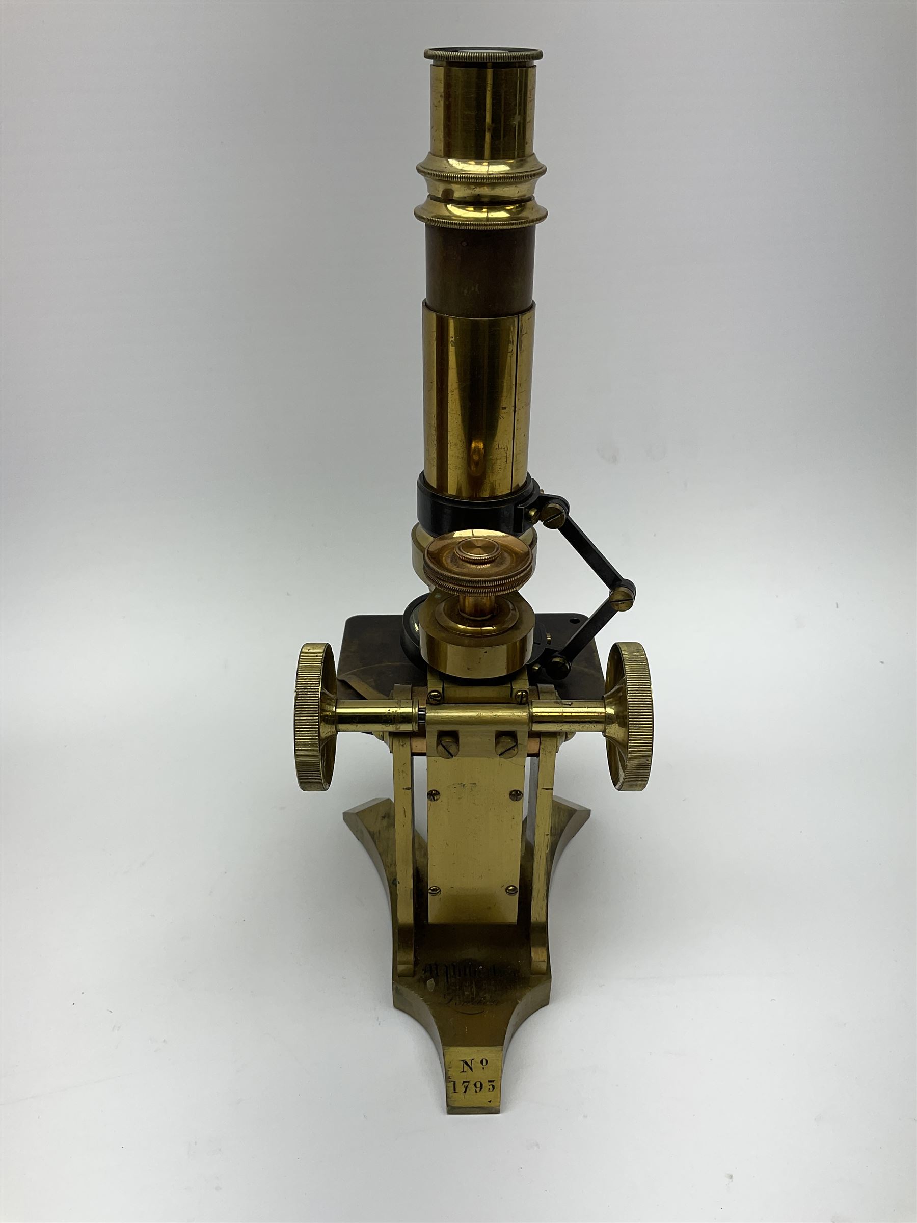 19th century lacquered brass monocular microscope by Moritz Pillischer No.1795 in fitted mahogany box with carrying handle and two additional lenses 