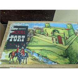 Wooden model fort, collection of Britains Deetail soldiers and similar and wooden building blocks 