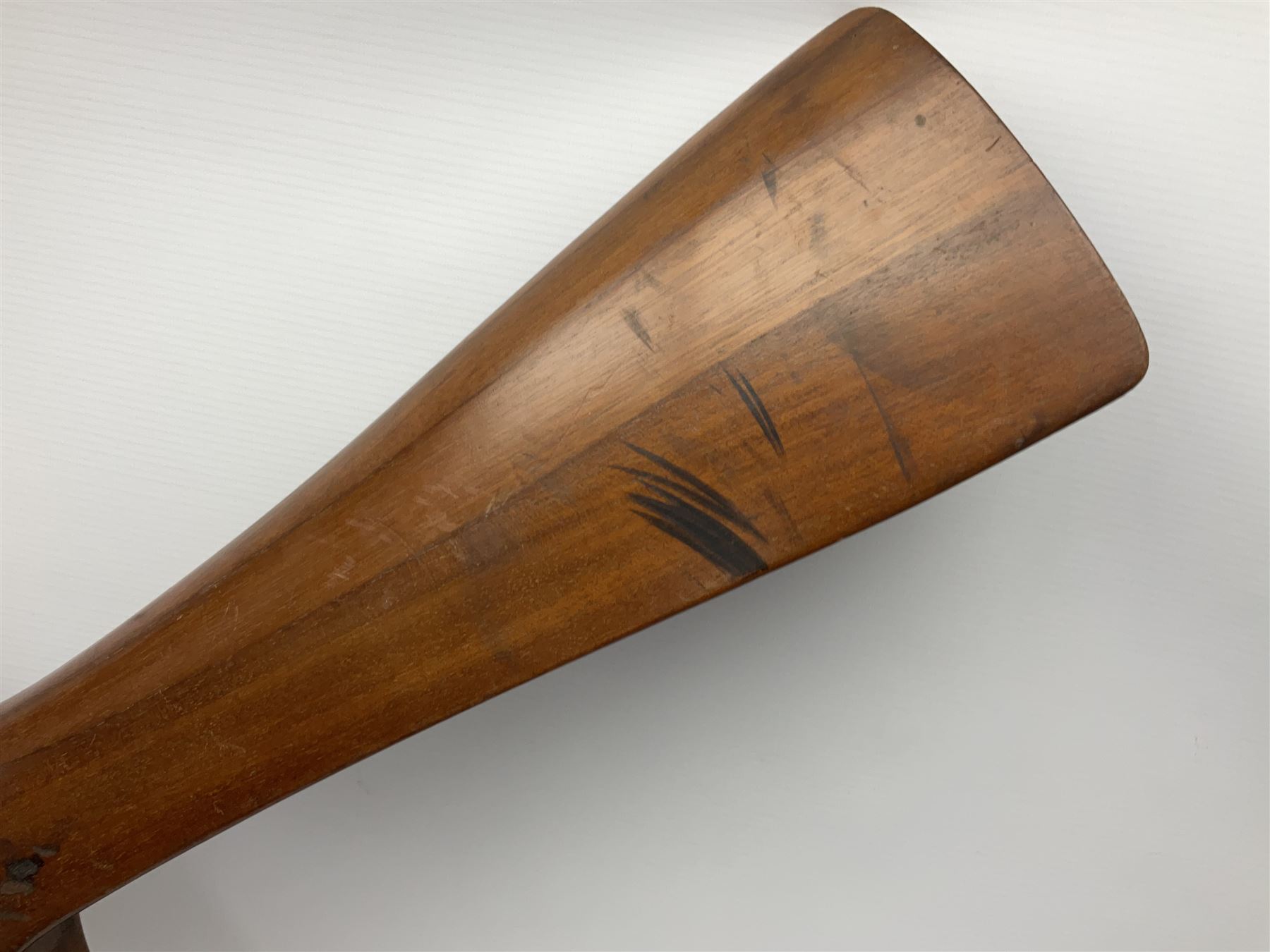 British World War II era laminated wooden four-bladed generator propeller, late 1930s-40s, used to power a drogue winch used by a target tug aircraft; marked with DRG drawing number T29505-2-4 N760 on the hub and impressed circle mark 'P.M.P.W. 1'; light weight four plank mahogany laminate with 9.5cm diameter metal plates mounted to front and rear faces of hub for 15mm shaft; one plate marked T29504-2/198 D91cm; together with a modern reproduction brass edged mahogany two-blade propellor L