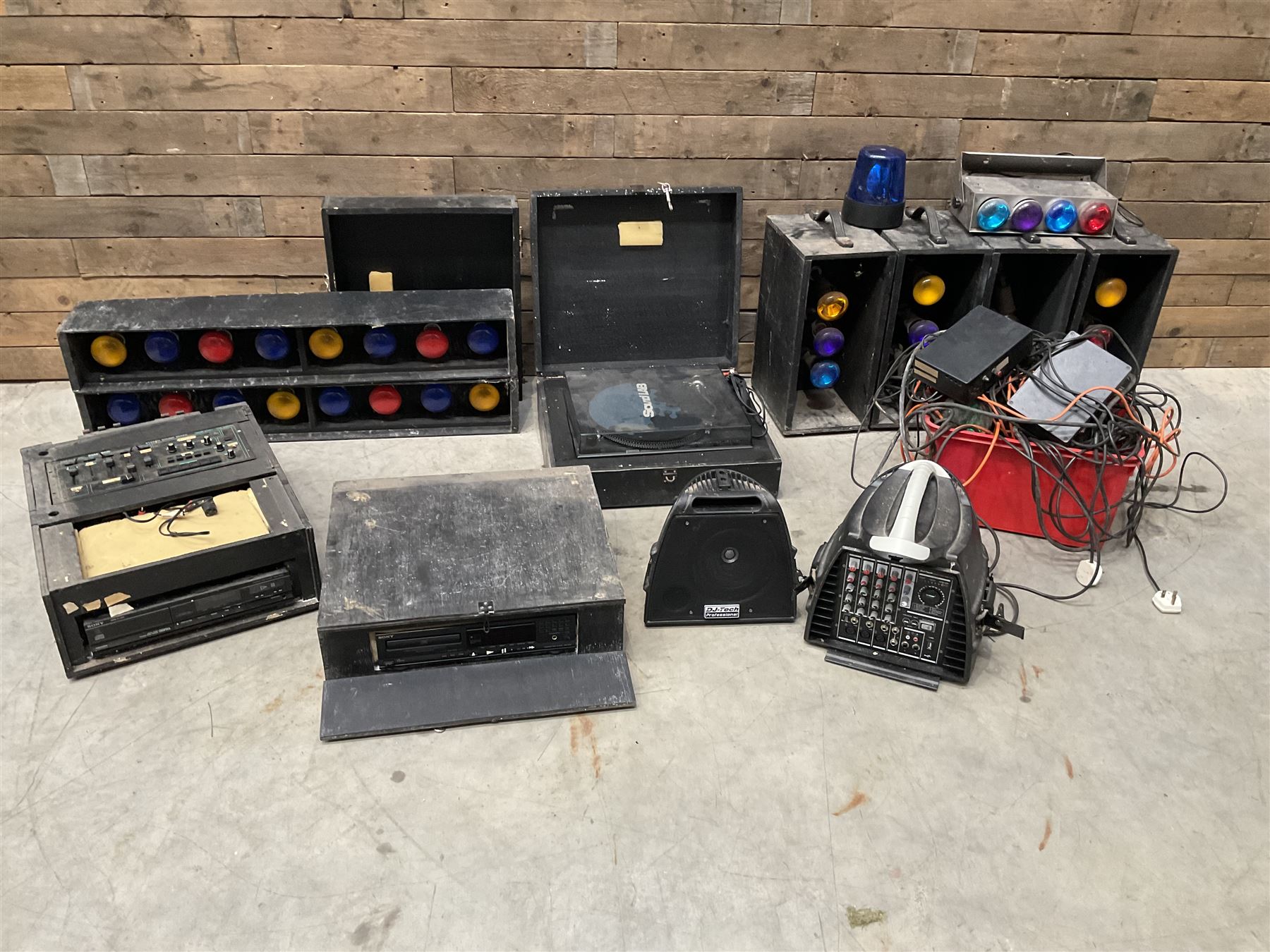 Collection of vintage disco equipment, to include Sony separates, cabinet lights, mixers, turntable etc
