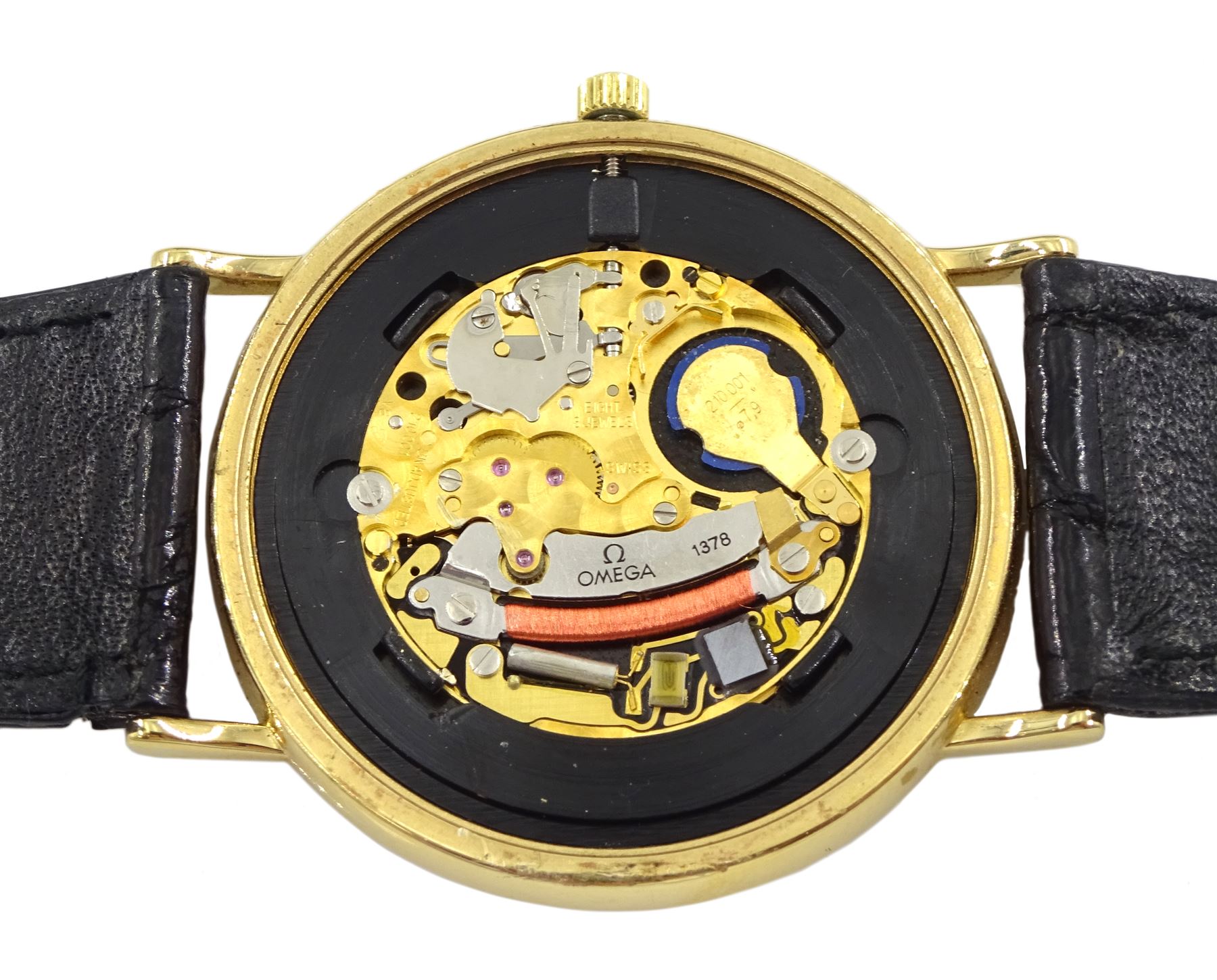 Omega De Ville gentleman's gold-plated gentleman's quartz wristwatch, Ref. 195 0075.2, Cal. 1375, on original black leather strap, boxed