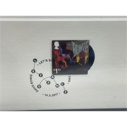 Set of four Royal Mail David Bowie limited edition album stamp prints, comprising Blackstar, Heroes, Let's Dance and Aladdin Sane, all framed and in original packaging, H43cm W43cm