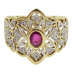 9ct gold oval ruby and pave set diamond chip, pierced openwork design ring, hallmarked