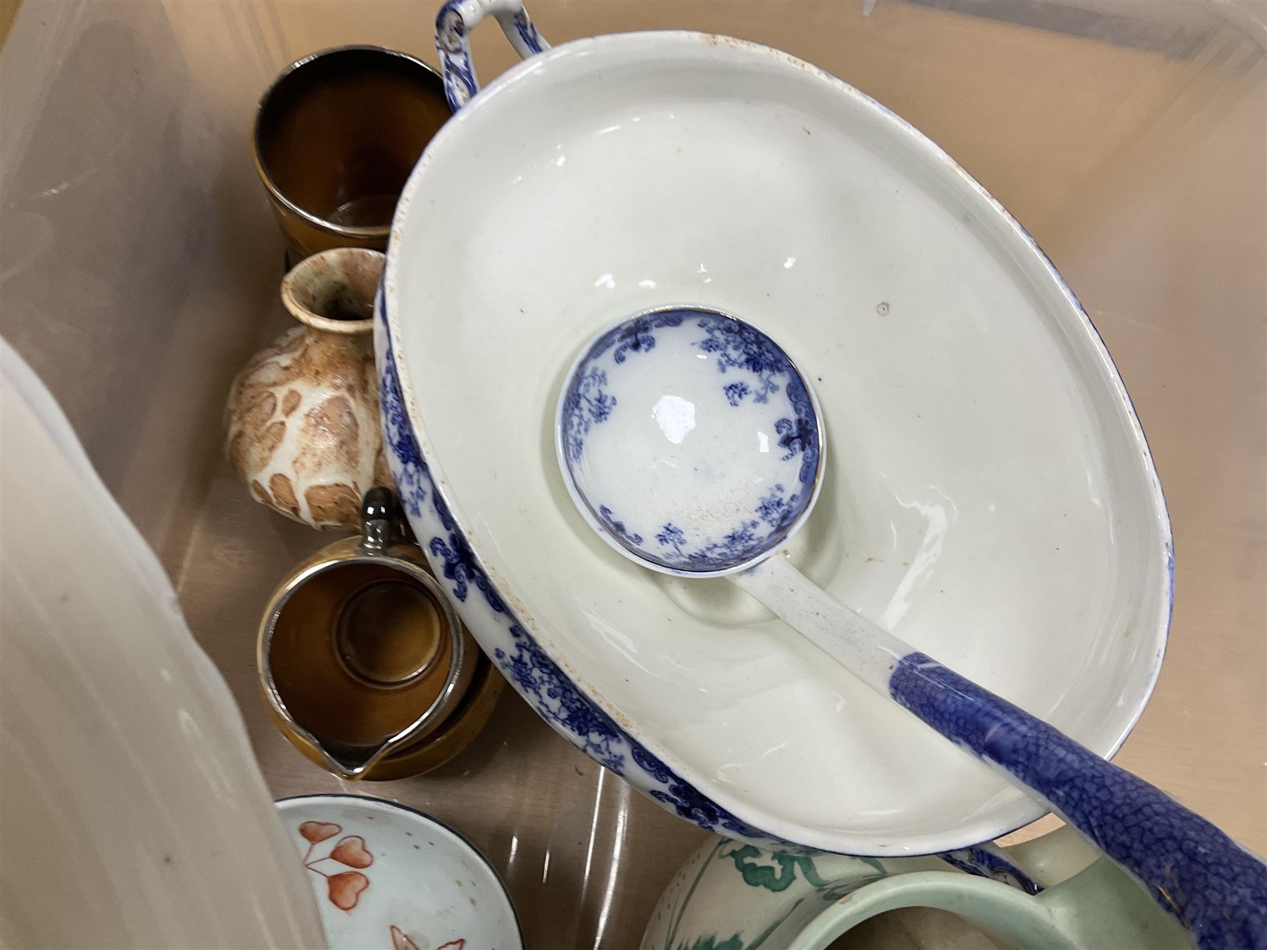 Elesva Holland blue and white part tea service, Capodimonte style figure group 'The Card Players', Oriental bowl of shallow form decorated with painted koi fish and sea plants, L25cm and Quantity of cutlery to include silver plated examples, together with glass carafe and decanter with stopper, Framed Aboriginal Art Print, by Danny Eastwood, ceramics etc