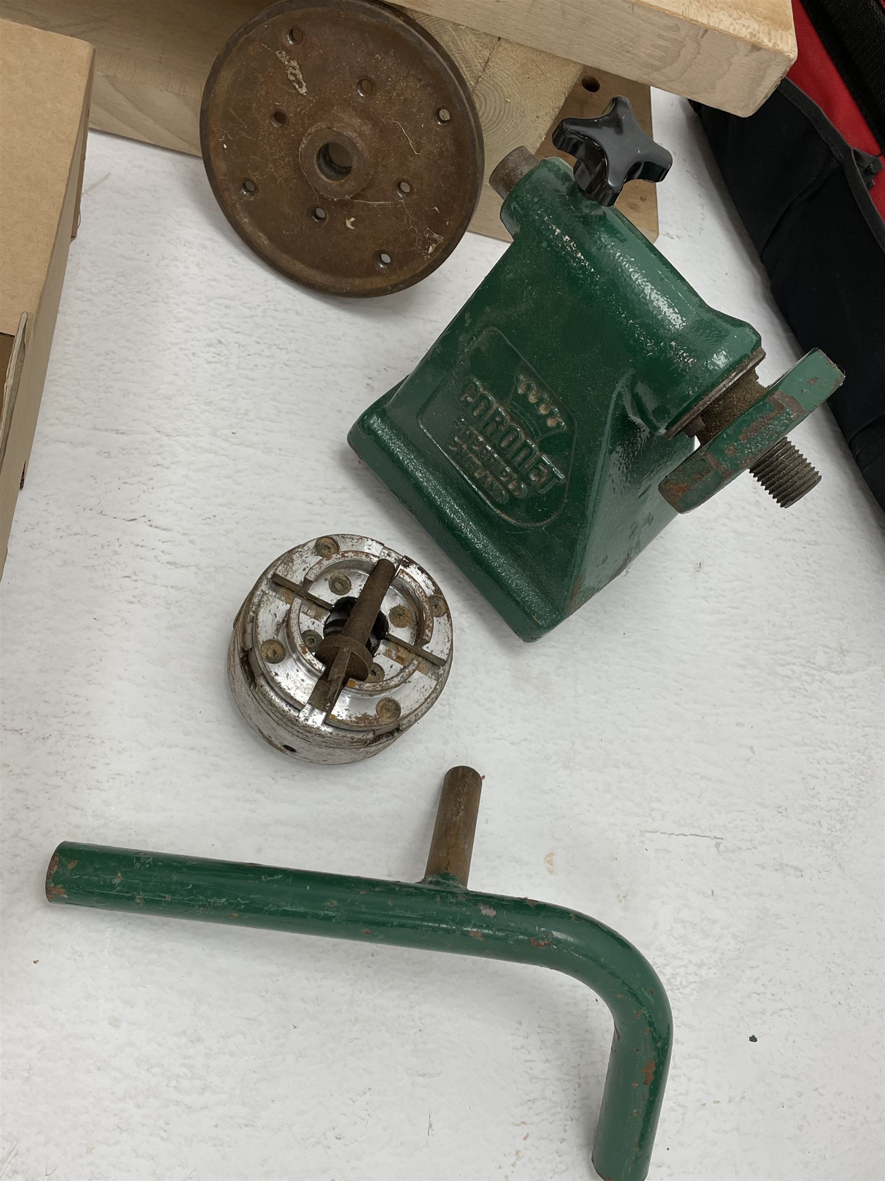 Coronet no.3 wood turning lathe, with various accessories to including - blocks, chucks, calipers and turning chisels (including Robert Sorby)