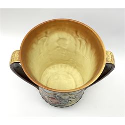 A Royal Doulton Charles Noke and Harry Fenton limited edition Coronation Loving Cup for Edward VIII, 1937, relief moulded with St George to one side and King Edward to the other, with printed marks beneath and numbered 667 of 2000, H26cm. 