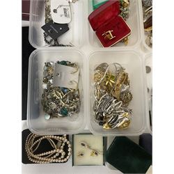 Collection of costume jewellery, including earrings, beaded necklaces, bracelets, wristwatches and boxes 