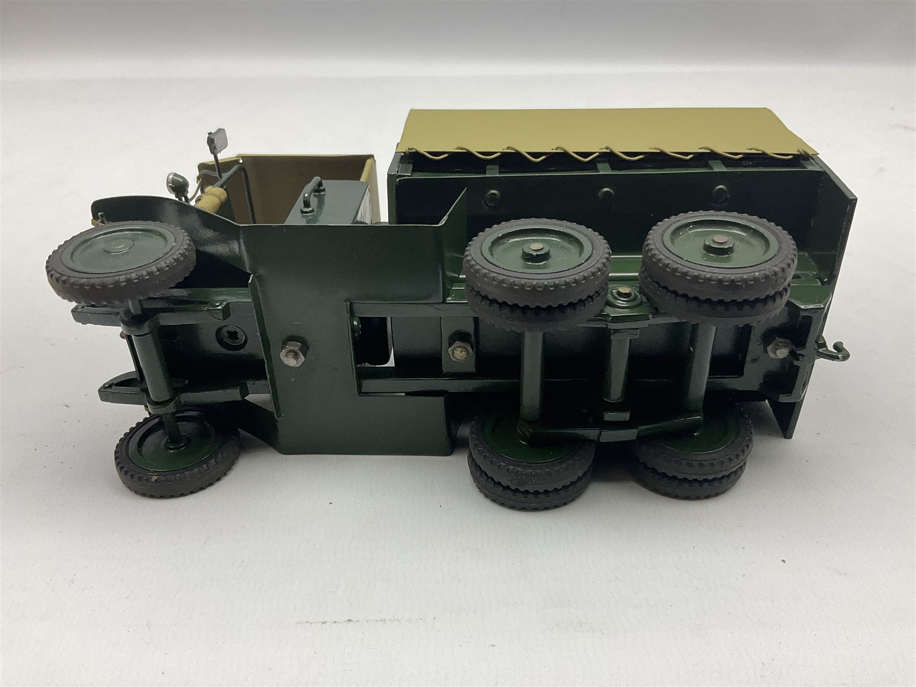 CJB Morris Military Field Wireless car with antenna, driver and operator L11cm; CJB Military covered wagon with two figures; and CJB maroon and white painted flat-bed truck with driver (3)