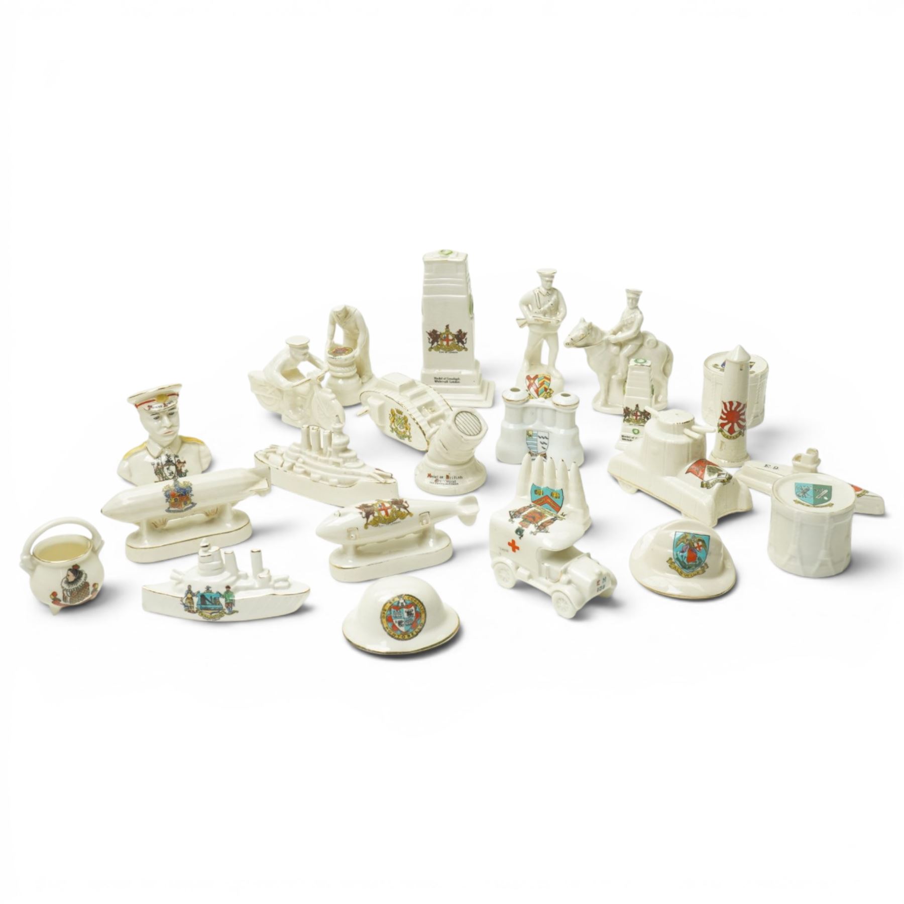 WWI crested china including Arcadian model of British Cavalry Soldier, another 'Tommy in Bayonet Attack', Swan China 'Despatch Rider', Arcadian 'Tommy Atkins', ambulance, E Boat, two tanks, Cenotaph etc