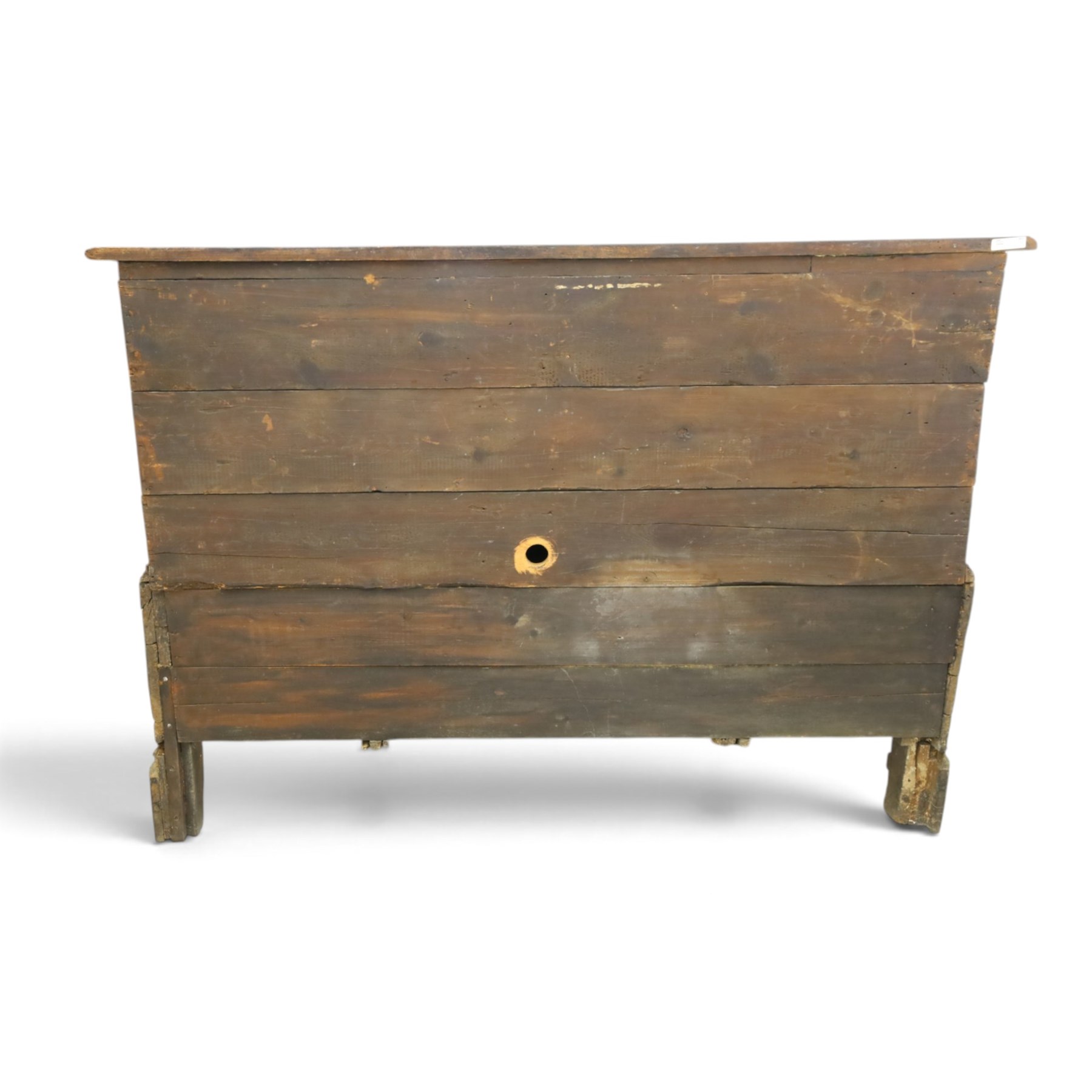 18th century oak hall cupboard, rectangular top with moulded edge, over two panelled hutch-cupboards, the base fitted with six assorted drawers, on large bracket feet
