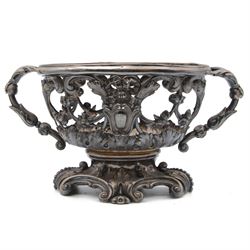 French silver twin handled basket mount, with pierced embossed sides and twin floral handl...
