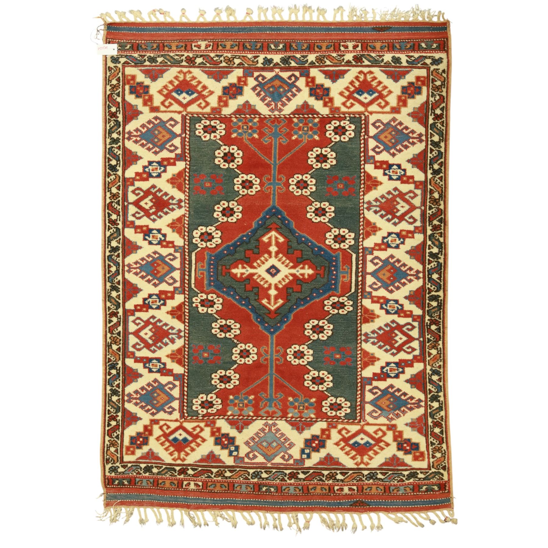 Caucasian Soumak rug, red madder field and teal panels, with bold stepped diamond medallion with hooked motifs and cruciform devices, and floral rosette clusters, surrounded by an ivory border with large hooked diamonds and stylized ram's horn devices, flanked by narrow guard stripes




