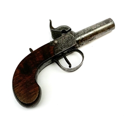 19th century English percussion box lock pocket pistol by Booth Huddersfield with (seized) turn-off barrel, engraved lock, walnut stock and thumb safety L16cm overall