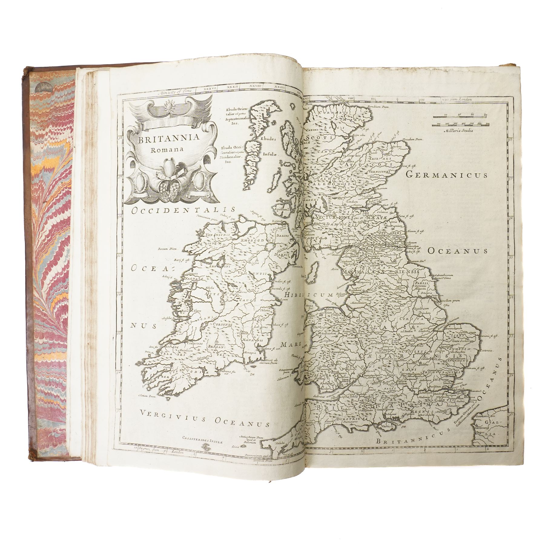 William Camden (British 1551-1623): 'Britannia: or a Chorographical Description of Great Britain and Ireland Together with the Adjacent Islands', complete first edition folio (41cm x 26cm), edited by Edmund Gibson, London: Printed by F. Collins for A. Swalle; and A. & J. Churchil, 1695, with engraved portrait of the author, fifty maps and nine engraved plates with text-illustrations, contemporary full panelled calf binding