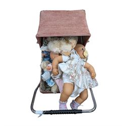 Royale pink cord dolls pram, together with a collection of dolls including Baby Annabelle, pram H88cm