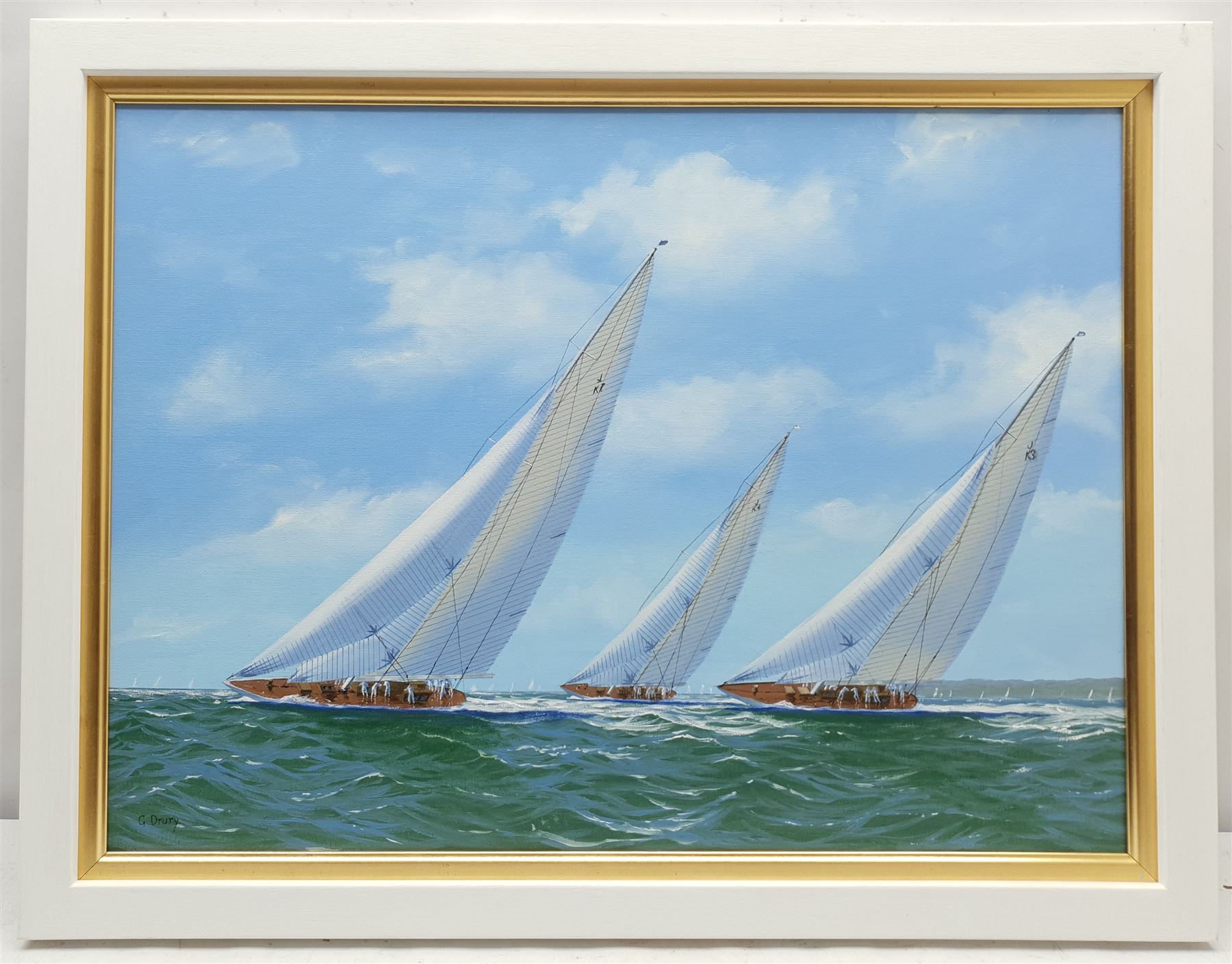 George Drury (British 1950-): J Class Yachts 'Velsheda' 'Endeavour' and 'Shamrock V 1935', oil on canvas board signed, titled verso 42cm x 57cm