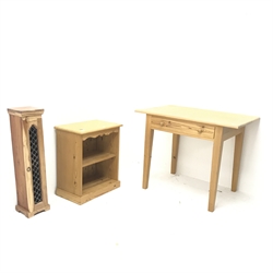 Solid pine side table, single drawer, square tapering supports (W103cm, H80cm, D66cm) and small pine bedside chest and a hardwood CD rack
