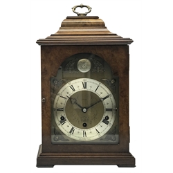  18th century style figured walnut chiming bracket clock retailed by Asprey, caddy top case with brass dial and silvered Roman chapter, the triple train Elliott movement Westminster or Whittington chiming the quarter hours on rods, H40cm    