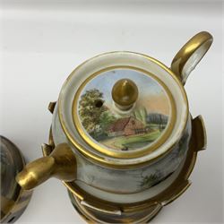  Two 19th century continental teapots and warmers, each teapot upon a cylindrical warming base, hand printed with landscapes, largest H22cm