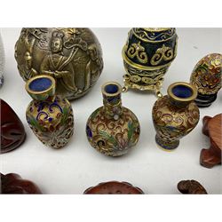 Chinese bronze peach of immortality and longevity, cloisonné vase of baluster form and three miniature cloisonné vases, six Netsuke modelled as monkeys, dragon etc