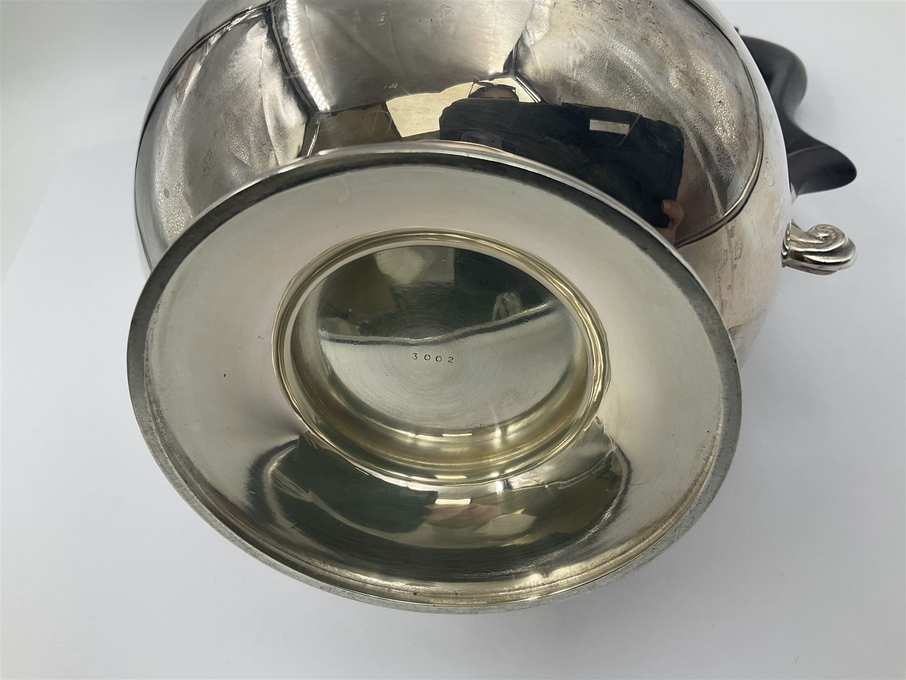 1920s five-piece silver tea service, comprising teapot, coffee pot, hot water pot, twin handled open sucrier and milk jug, each of squat circular form with shaped rim, the teapot, coffee pot and hot water pot each with ebonised handle and finial, the sucrier and milk jug with acanthus capped scroll handles, all upon circular foot, hallmarked R F Mosley & Co, Sheffield 1926 & 1927, tallest H24cm