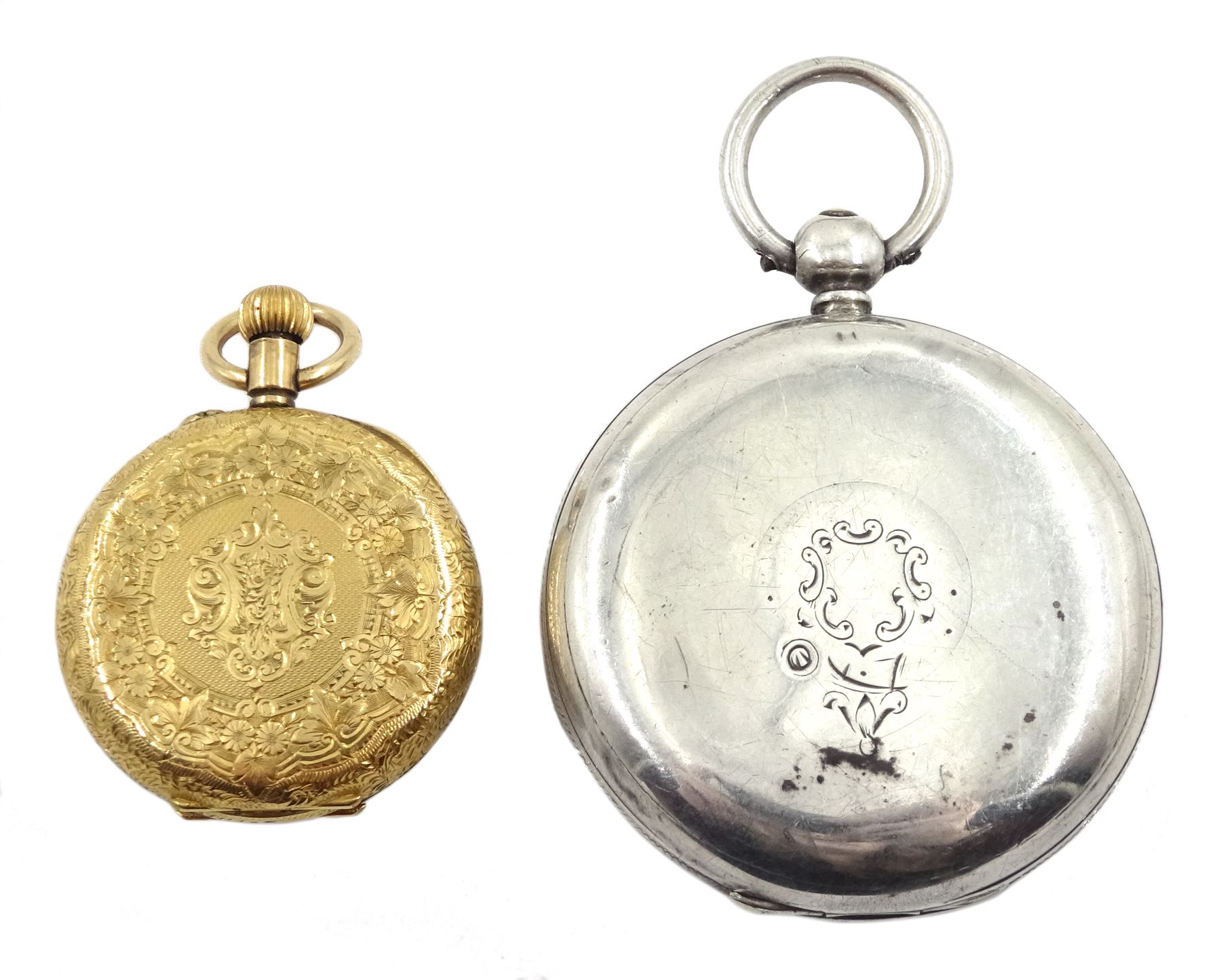 Swiss 18ct gold gold keyless cylinder fob watch, stamped 18K with Helvetia head and a silver keyless lever pocket watch, No. 16081black enamel dial numbered 41000, case makers mark JW, London 1927