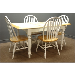  Farmhouse style extending beech table (W92cm, H75cm, D115cm (closed)), with four matching wheel back chairs  