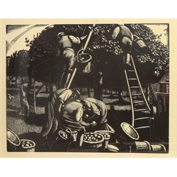  'September Apple Picking' print from the Farmers Year after Clare Leighton (British 1901-1989) pub. 1936, 25cm x 31cm and 'Gulliver casting a Damper upon the royal Fireworks at Lilliput, engraving after James Sayers 25cm x 18cm (2)  