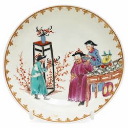 18th century Worcester trio, comprising coffee cup, small bowl and saucer, decorated with a Chinese scene of a flower seller in polychrome enamels, within gilt spearhead borders, saucer D12cm (3)