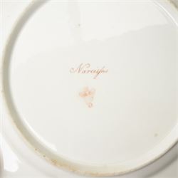 Set of fourteen mid 19th century Derby dessert plates, each painted with a named botanical subject and butterflies within a leaf pattern and gilt border