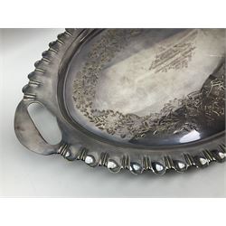 Oval silver plate twin handled tray, egg and dart edge, engraved with floral springs surrounding an central inscription, L65cm