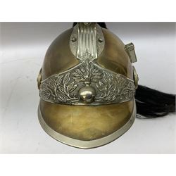 French Model 1913 mounted gendarmerie helmet; brass bodied with nickel mounts, chin strap, comb and horse-hair H27cm (no liner)