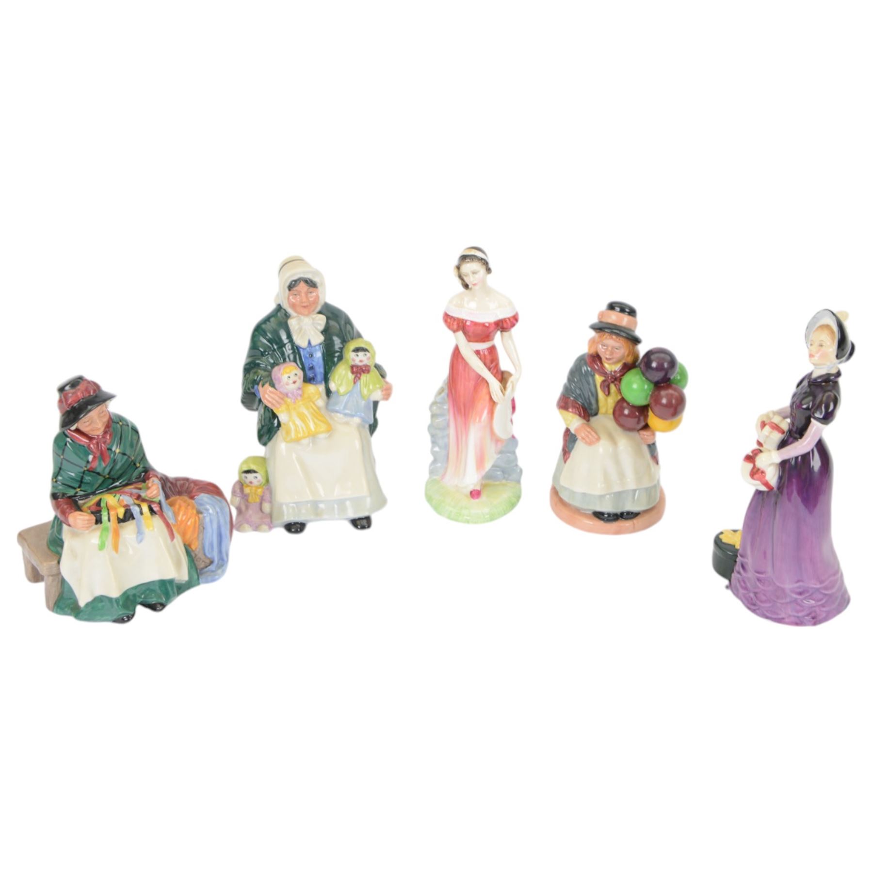 Five Royal Doulton figures, comprising Balloon Girl HN2818, The Rag Doll Seller HN2944, Silk and Ribbon HN2017, Good Day Sir HN2896 and Jemma HN 3168