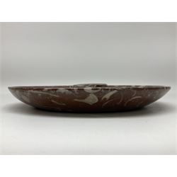 Large circular dish with a raised Goniatite to the centre and Orthoceras inclusion, age: Devonian period, location: Morocco, D30cm