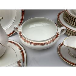 Royal Worcester Beaufort pattern tea and dinner wares, including seven dinner plates, eight side plates, thirteen dessert plates, six bowls, eight soup bowls, sauce boat on stand, cake plate, covered tureen, coffee pot, milk jug etc (51) 