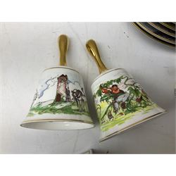 Royal Worcester Flower Fairies oval collectors plates, Goebel mustard pot, two Danbury Mint Fairy Tale bells, and pair of Hutschenreuther candlesticks decorated with scenes of Puss in Boots