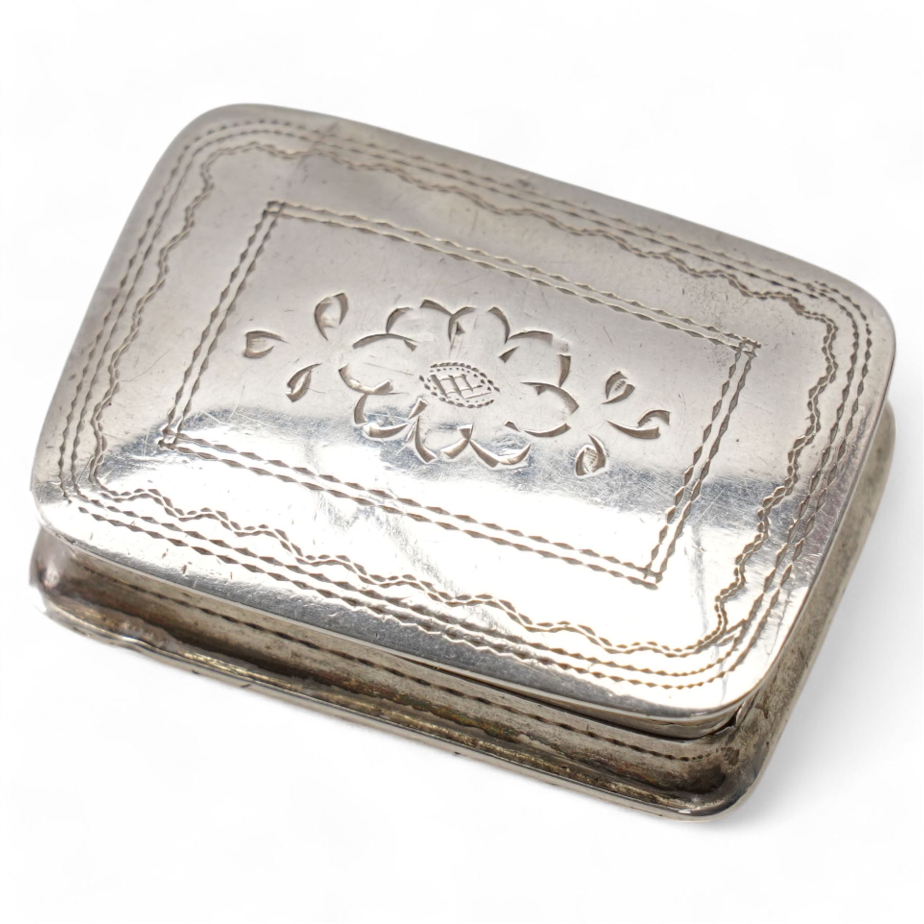 Victorian rectangular silver vinaigrette with inscription and floral engraving, hinged pierced grille  Birmingham circa 1840 Maker Nathaniel Mills