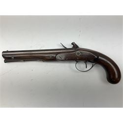 Early 19th century flintlock 16-bore overcoat/duelling pistol by William Bond Lombard Street London, the 23cm octagonal brown stub twist damascus barrel with small foresight, two barrel pins and ram rod under, inscribed Lombard Street London to the top and W. Bond to the action, full walnut stock with lightly engraved steel furniture, pineapple finial and escutcheon, half cock facility L39cm; loose mounted on later mahogany display stand with trade label