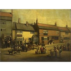 H Wheldon (19th century): High Street outside the Rose and Crown with Durham fishmonger in the foreground, oil on canvas signed and dated 1848, 42cm x 57cm