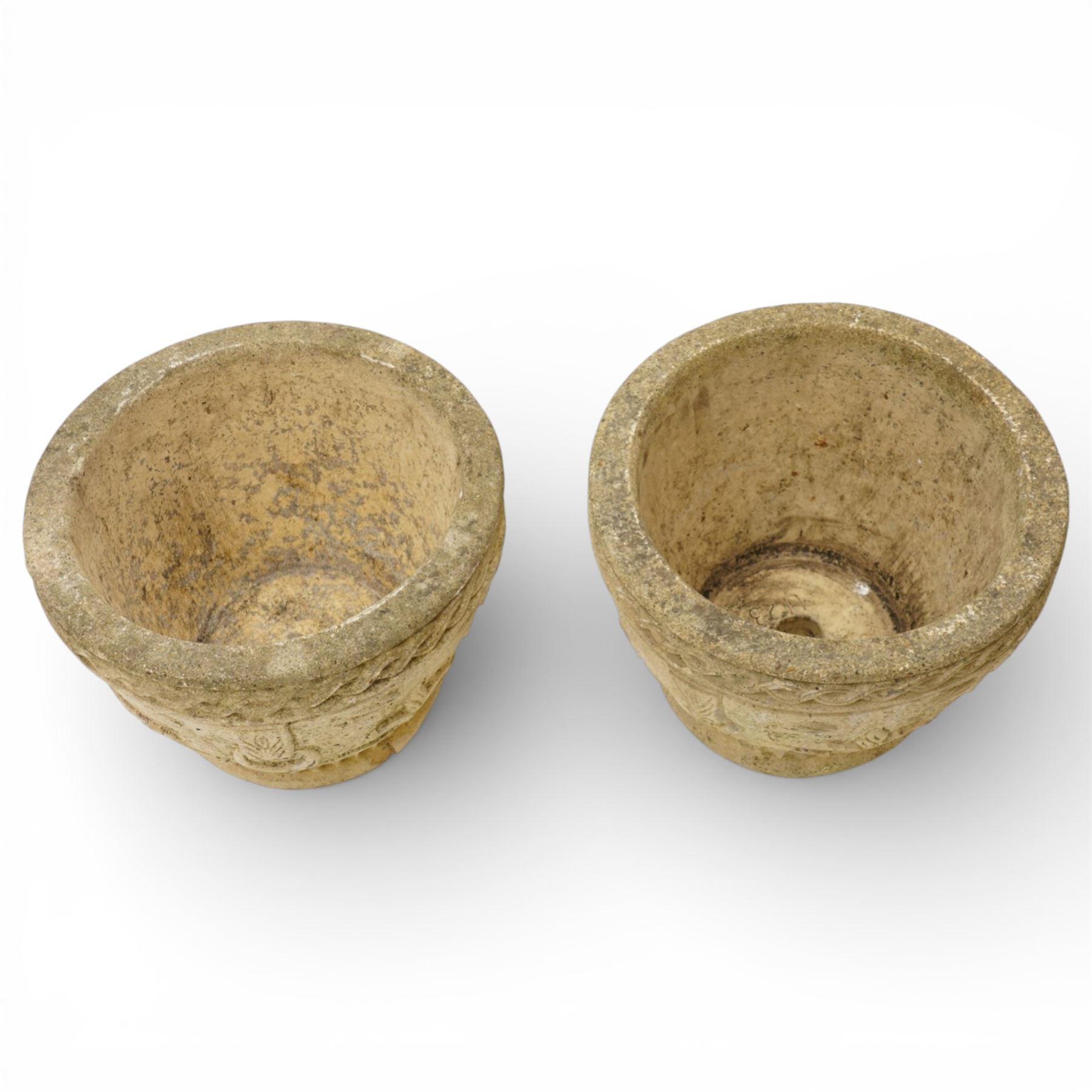 Cotswold Studios - set of two cast stone garden round planters with stylised floral and ropework borders (H 24cm, D 34cm)
