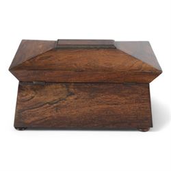 Victorian rosewood tea caddy, of sarcophagus form with mother of pearl escutcheon, upon four squat bun feet, H19cm